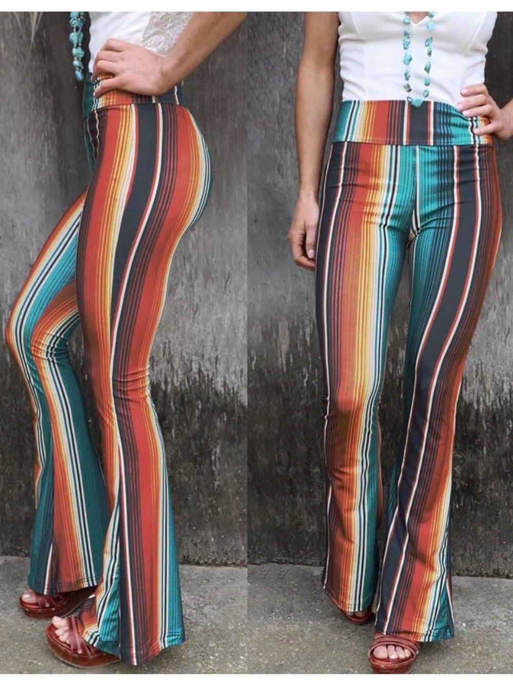 Crazy Train Striped Boho Western Flare Pants Pull On Size Large